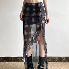 Grunge 'Sinister Smoke' Plaid Mesh See Through Split Skirt