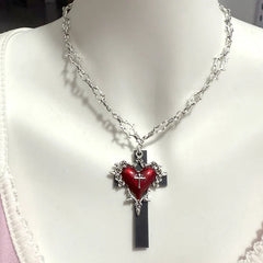 Alt Red Thorn Chain Cross Heart Pendant Necklace