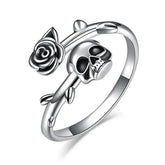 Goth Unique Skull Head Rose Silver Ring