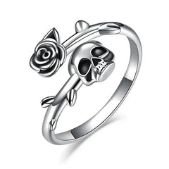 Goth Unique Skull Head Rose Silver Ring