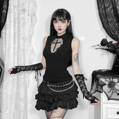 'Chamber Noir' Dark Goth Black Lace Cross Crop Top