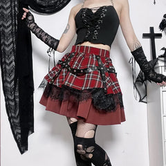 Gothic Harajuku Red Plaid Pleated Skirt