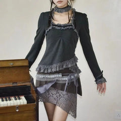 Black Goth Slim Lace Y2K Top