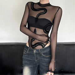 'Death Trap' Black Mesh Long Sleeve Snake Bodysuit