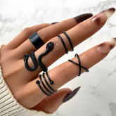 Punk Snake Black Rings Set of 5