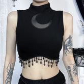 Goth 'Twilight' Turtleneck Moon Tassel Sleeveless Crop Top
