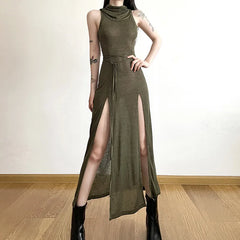 Gothic 'Veil of Shadows' Hooded Midaxi Split Dress in Black or Green