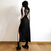 Gothic 'Veil of Shadows' Hooded Midaxi Split Dress in Black or Green