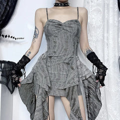 Grunge 'Believe in Magic' Torn Grey Mini Dress with Tassel Rope Detail
