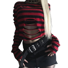 Gothic Black Striped Ripped Sweater