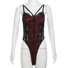 Red and Black Goth Grunge Lace Patchwork Bodysuit