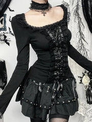 'Death Trap' Goth Black Lace Trim Long Sleeve Top with Collar