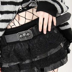 Punk Goth Skull PU Leather Lace Patchwork Mini Skirt with Belt