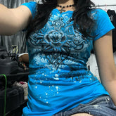 Blue Rhinestone Print Heart Rose T-Shirt