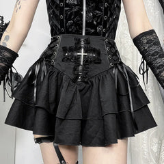 Goth Dark Punk Cross Patchwork Pleated Skirt