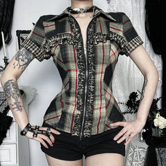Dark 90s Grunge Plaid Short Sleeve Shirt