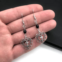 Gothic Hollow Heart Cross Pendant Earrings