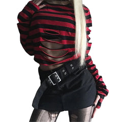 Gothic Black Striped Ripped Sweater