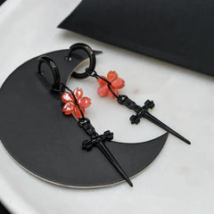 Black Goth Flower Sword Earrings