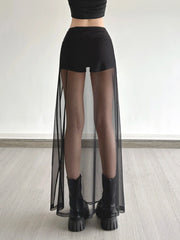 Black Dark Solid Shorts With Split Maxi Skirt
