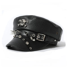 Black Skull Fake Leather Rivet Military Hat