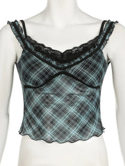 Grunge Patchwork Plaid Mesh Crop Top