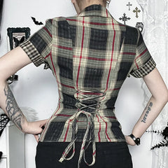 Dark 90s Grunge Plaid Short Sleeve Shirt