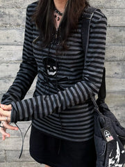 Black Gothic Retro Skull Lace Up Striped Top
