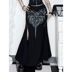 Black Haunted Gothic Alt Printed Long Skirt