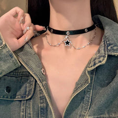 Goth Black Y2k Star Tassel Chain Pendant Choker