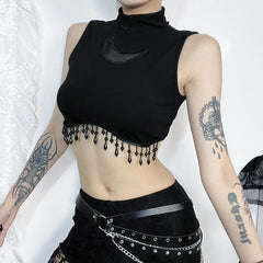 Goth 'Twilight' Turtleneck Moon Tassel Sleeveless Crop Top