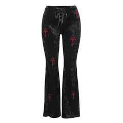 Gothic 'Velvet Requiem' Black Velvet Pants with Red Ankh Crosses