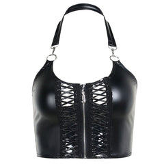 'Frankenstein' Black Wet Look Faux Leather Halter Lace up Top