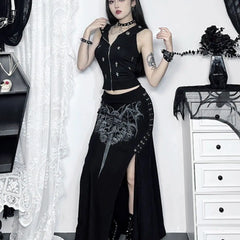 Black Haunted Gothic Alt Printed Long Skirt