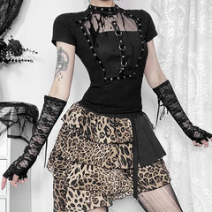 Goth 'Nocturne Veil' Mesh Faux Harness Ring T-Shirt