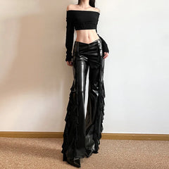 Goth 'Vampire Kiss' Black PU Leather Flowy Flared Pants