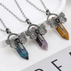 'Night Wings' Moth Natural Stone Crystal Pendant Necklace