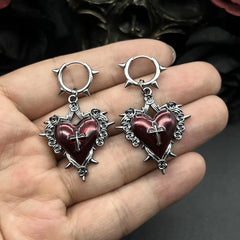 Goth Grunge Thorns Heart Cross Earrings