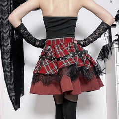 Gothic Harajuku Red Plaid Pleated Skirt