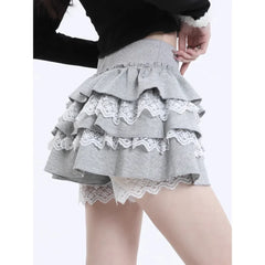 Cute Kawaii Grey/Black Lolita Lace Patchwork A Line Skirt