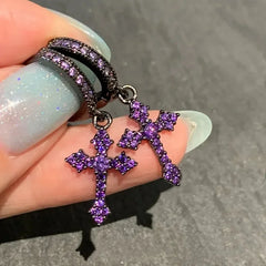 Black/Purple Rhinestone Cross Dangle Earrings