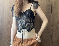 Black Lace-up Hollow Padded Corset Top