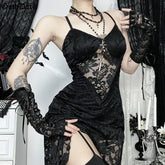 Goth Dark Black See Through Lace Hollow Out Slip Dress