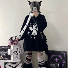 Black Grunge Cat Themed Long Sleeve Sweater
