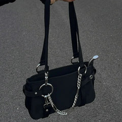 Goth Black Handbag Shoulder Bag With Chunky Chain