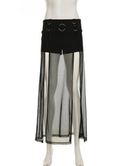 Black Dark Solid Shorts With Split Maxi Skirt