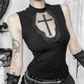 'Chamber Noir' Dark Goth Black Lace Cross Crop Top