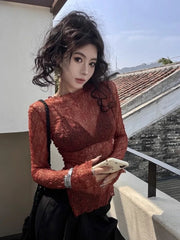 Red Fall Lace Y2k Top