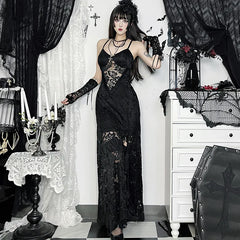 Goth Dark Black See Through Lace Hollow Out Slip Dress