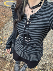 Black Gothic Retro Skull Lace Up Striped Top